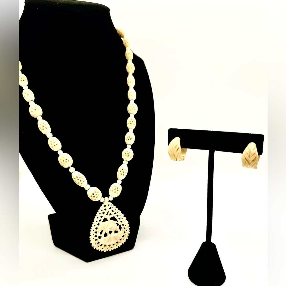 Vintage Carved Celluloid Ivory Necklace and Earring Set